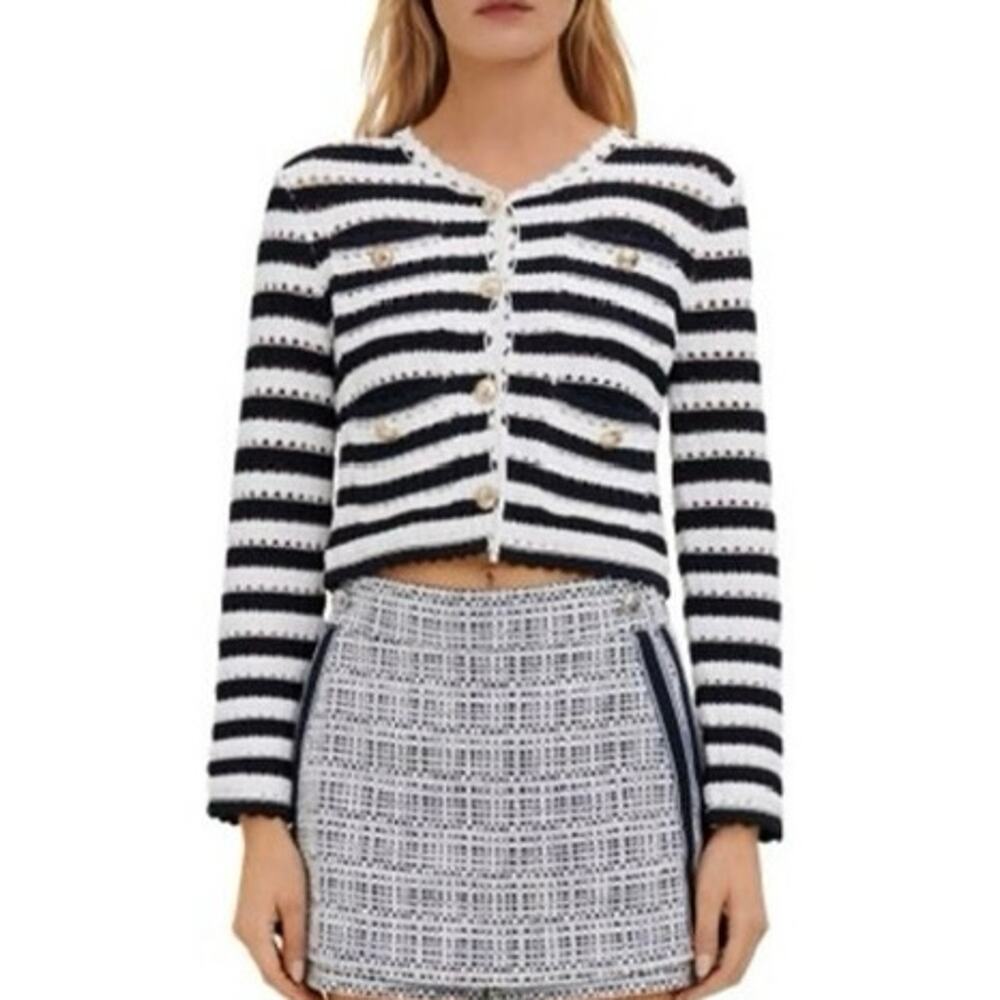 MAJE Striped Crochet-Effect Cardigan Small Preppy Old Money Nautical EUC